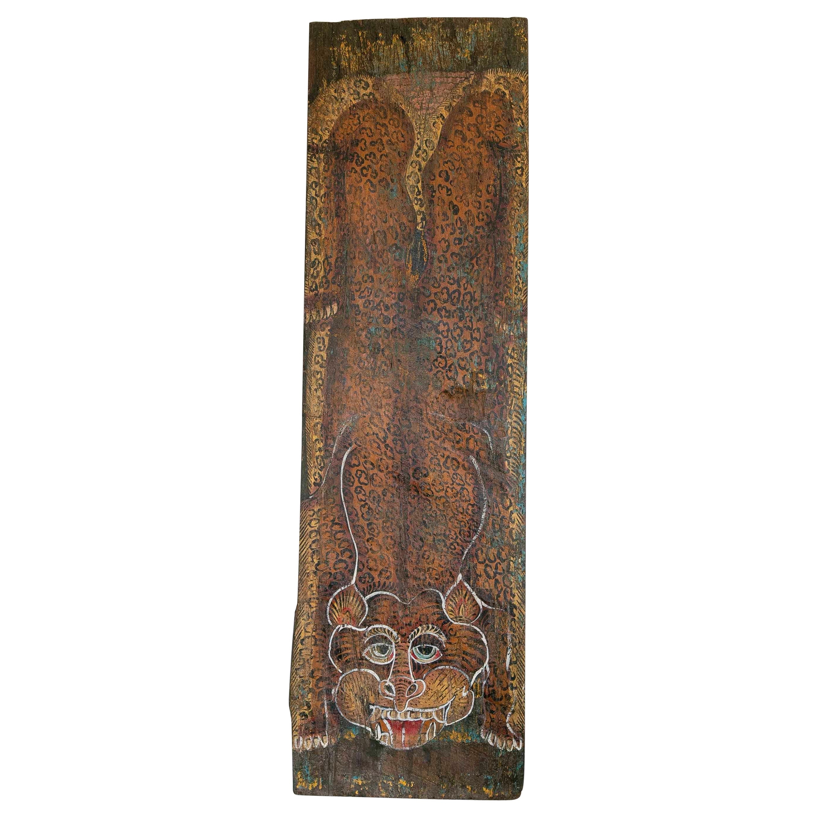 Wooden Board with Hand-Painted Tiger Decoration  For Sale