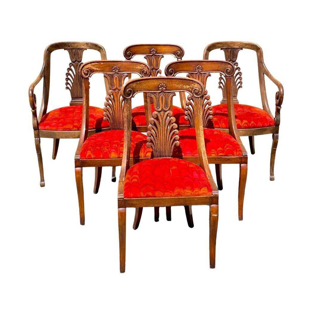 Vintage Regency Style Plume Carved Walnut Saber Leg Dining Chairs - Set of 6 For Sale