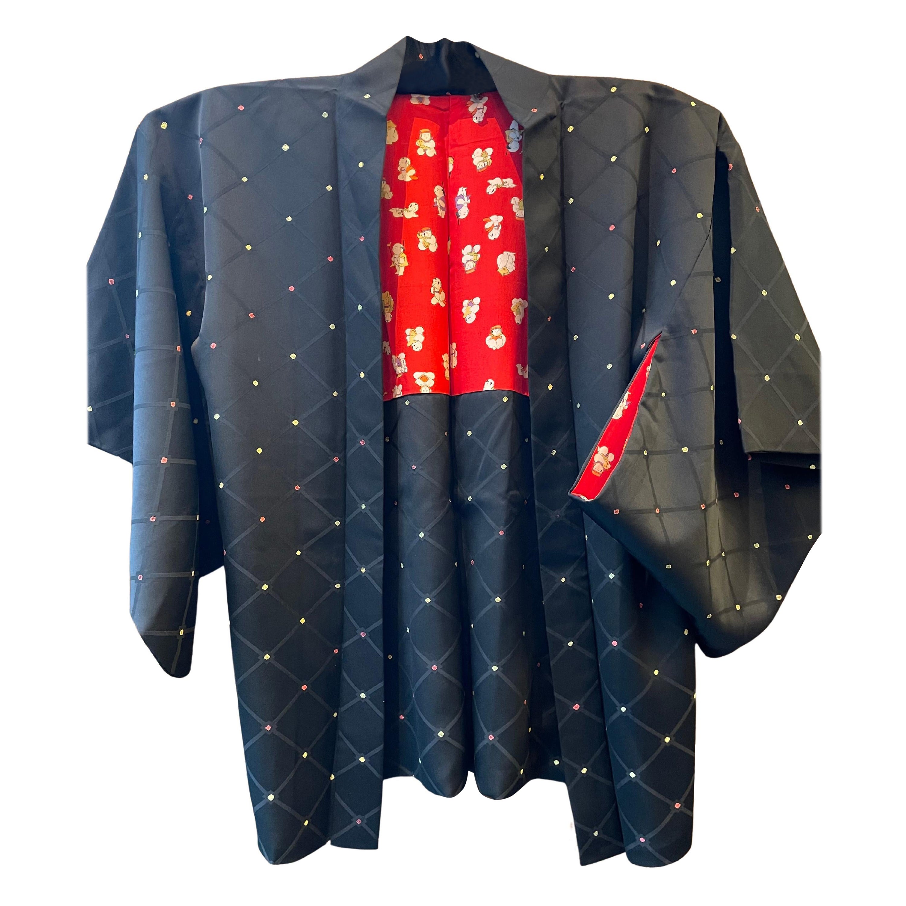 Japanese Silk Red Black Haori Jacket Dot Pattern 1960s Showa 
