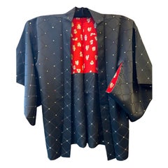 Vintage Japanese Silk Red Black Haori Jacket Dot Pattern 1960s Showa 