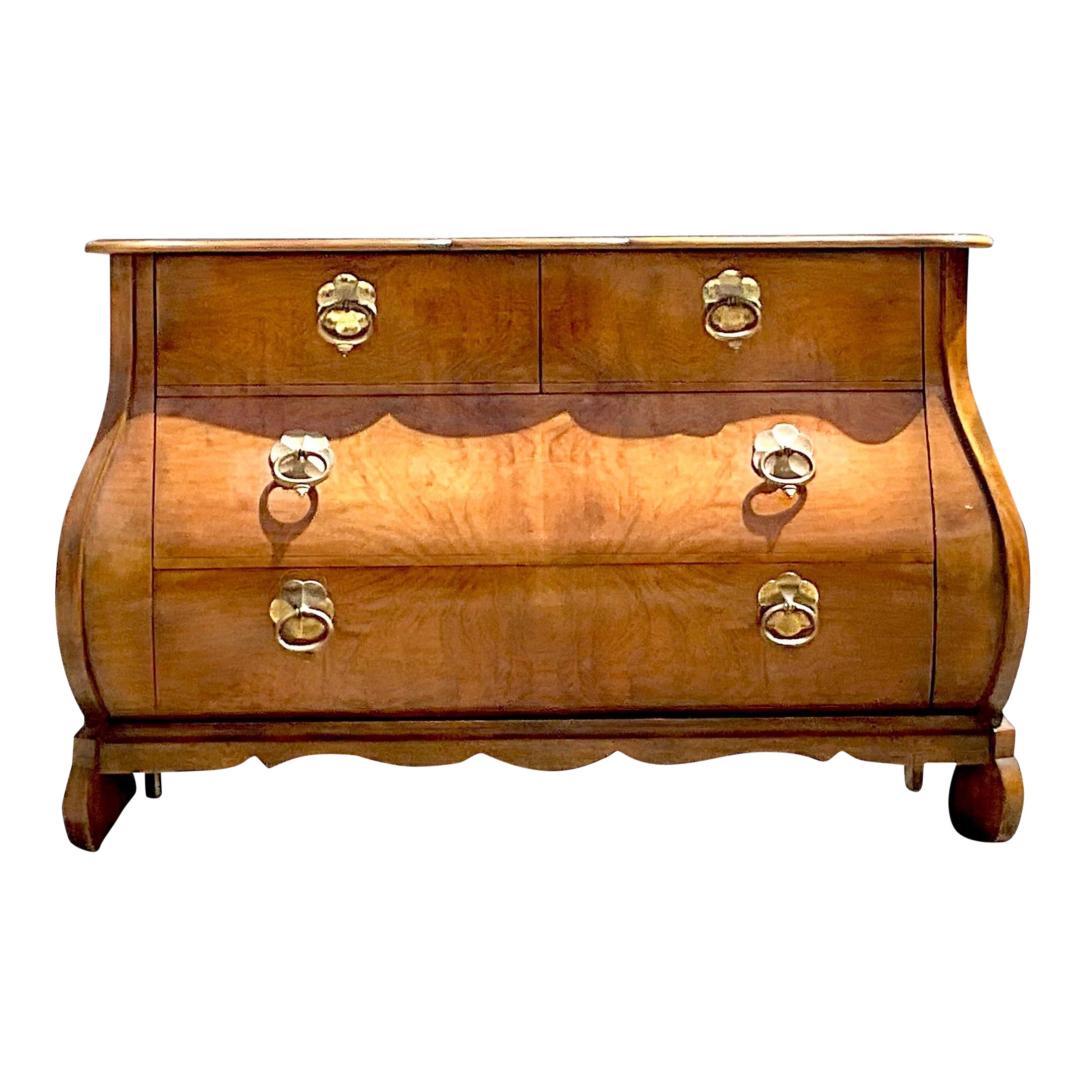 Late 20th Century Vintage Regency Baker Collectors Edition Burl Wood Bombe Chest For Sale