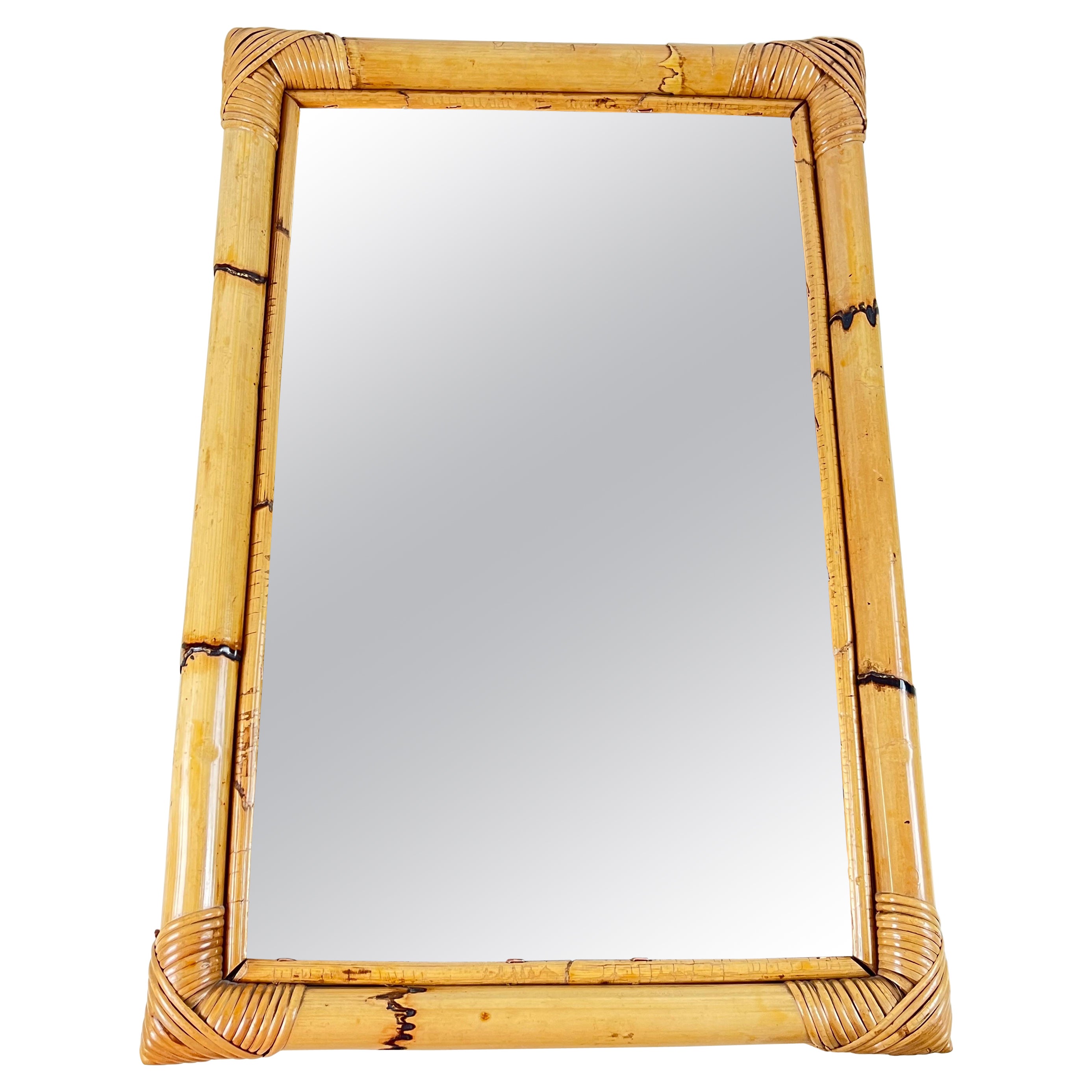 Mid-Century Italian Rectangular Mirror with Double Bamboo Cane Frame, 1970s For Sale