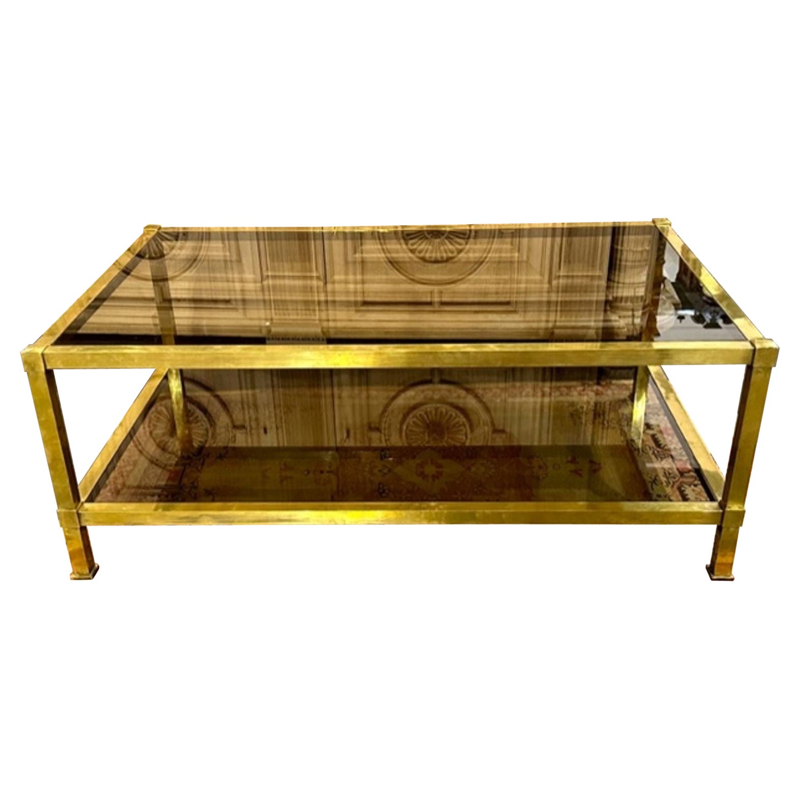 Italian MCM Brass and Smoke Glass Coffee Table For Sale