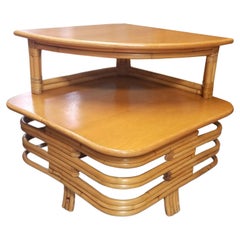 Retro Restored Ratan and Mahogany Two-Tiered Corner Table with Stacked Rattan Base