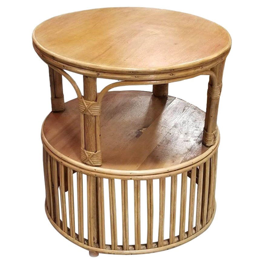 Restored Rattan Round Side Table with Pencil Reed Base in the style of Crespi For Sale