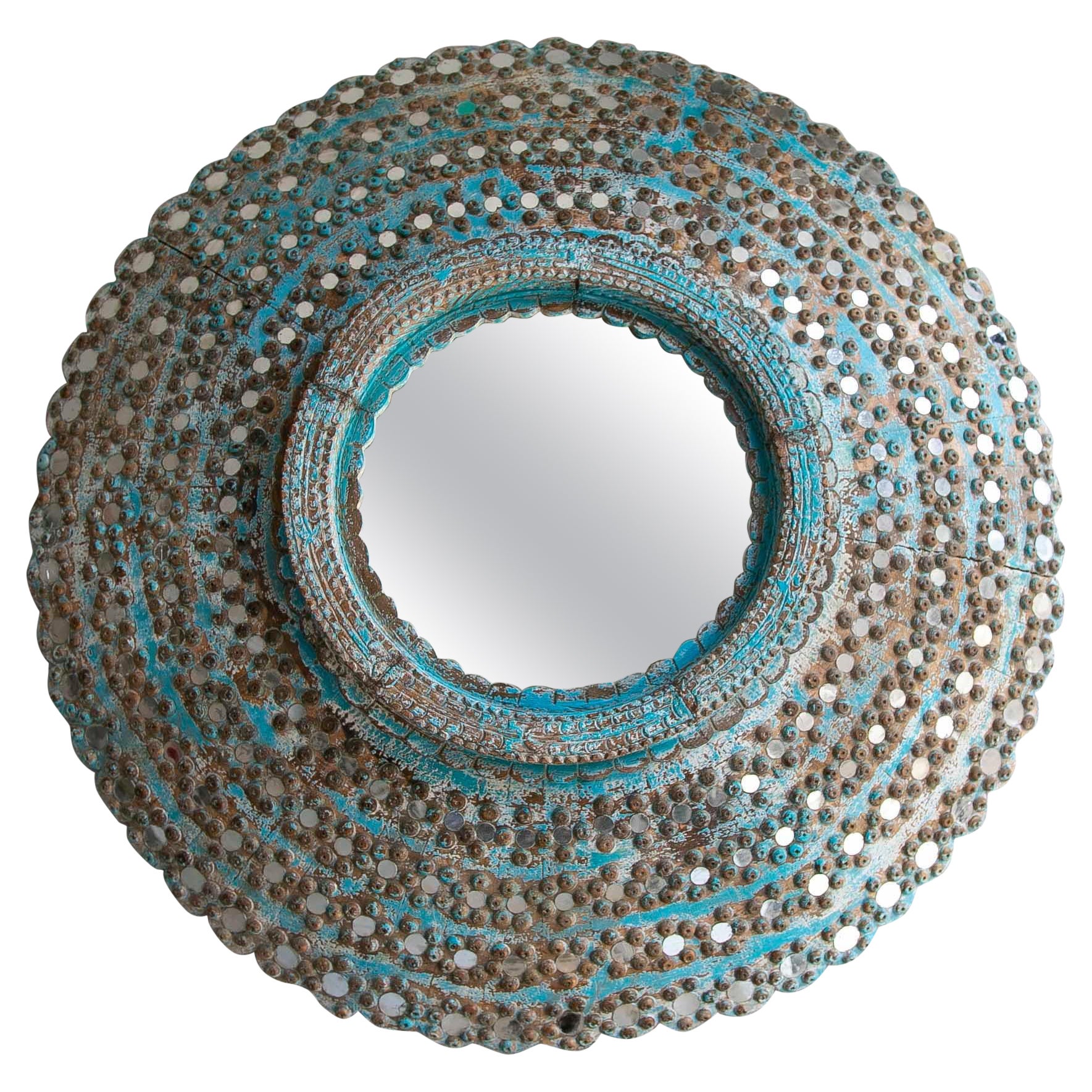 Round Wooden Wall Mirror Polychromed in Shades of Blue  For Sale