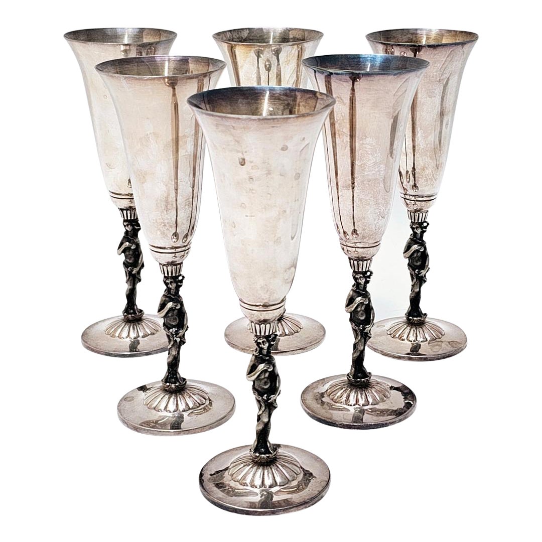 SILVER Drinking Wine Glassware Rare Antique SET OF SIX GLASSES Botticelli Venus  For Sale