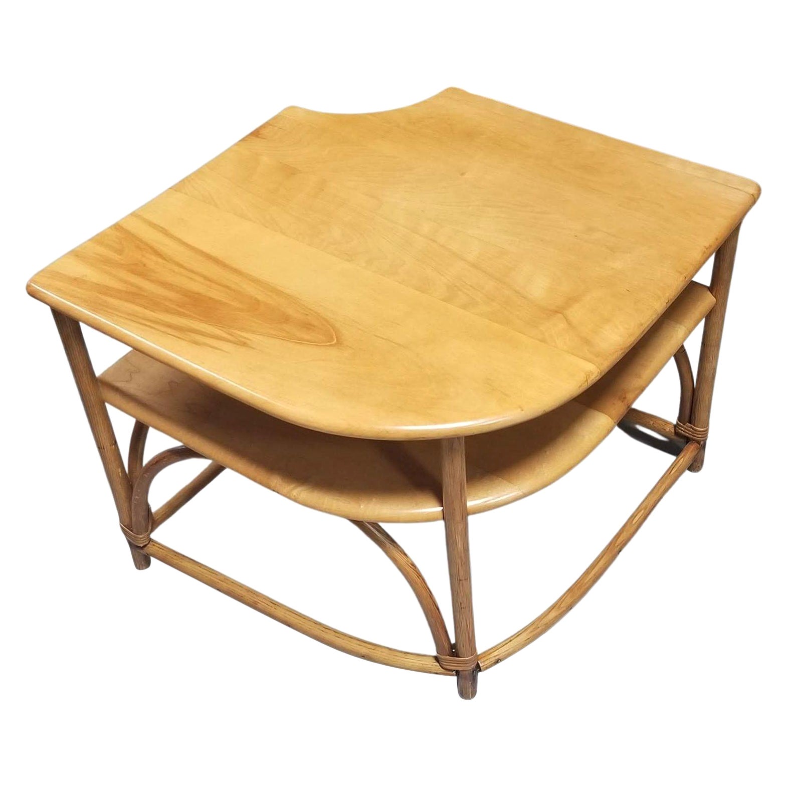 Restored Mid Century Maple and Faux Rattan Corner Table by Heywood Wakefield
