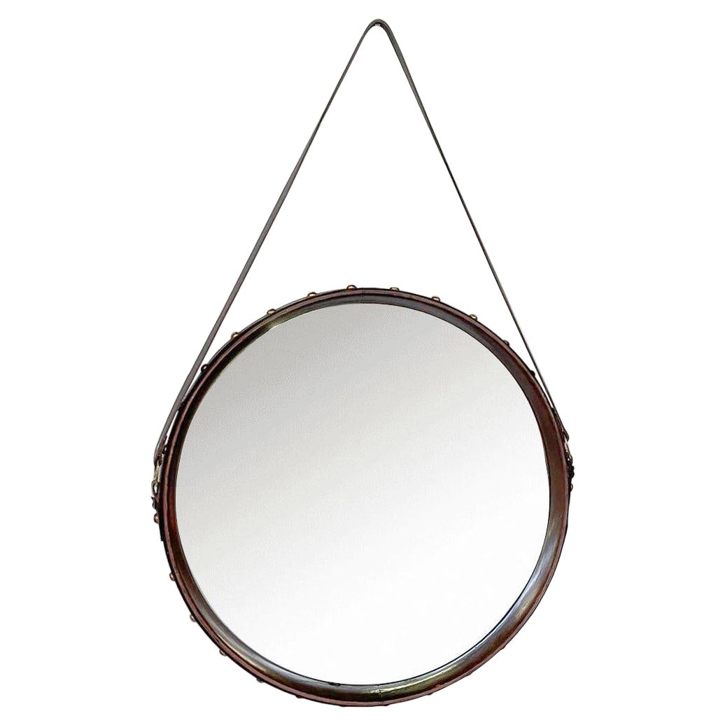 Mid-Century Modern Leather Mirror, Italian, 1950s For Sale