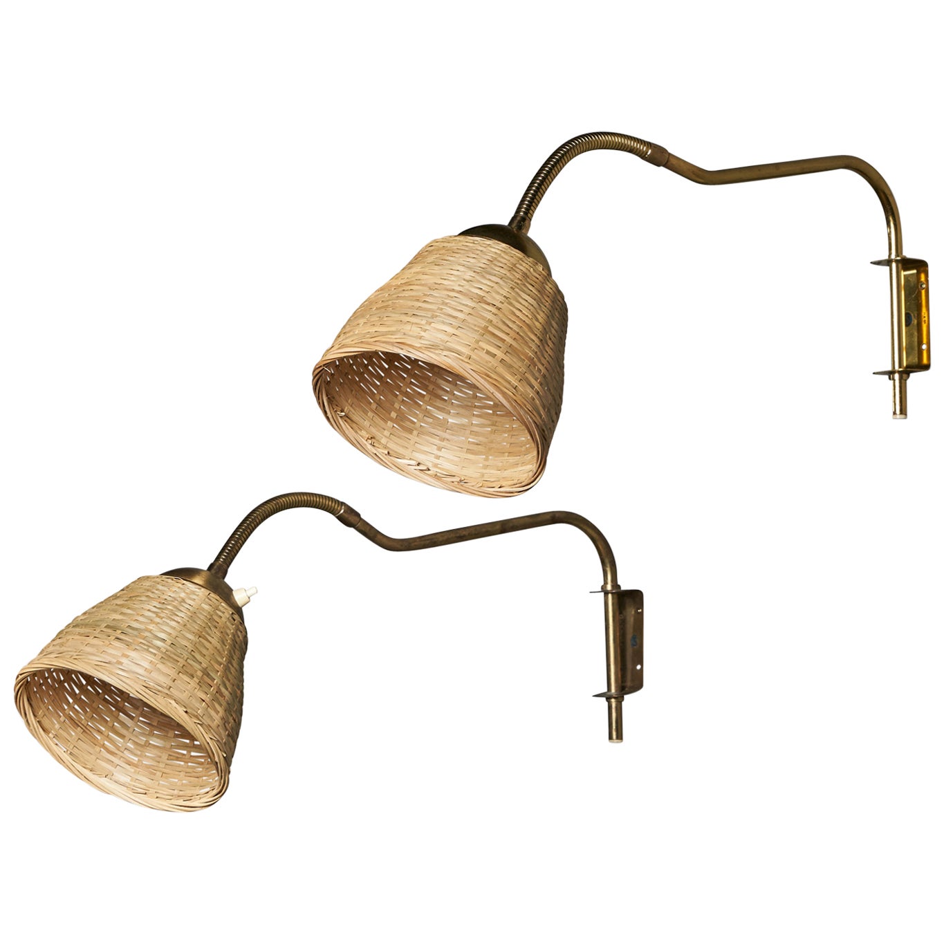 Swedish Designer, Adjustable Wall Lamps, Brass, Rattan, Sweden, 1940s For Sale