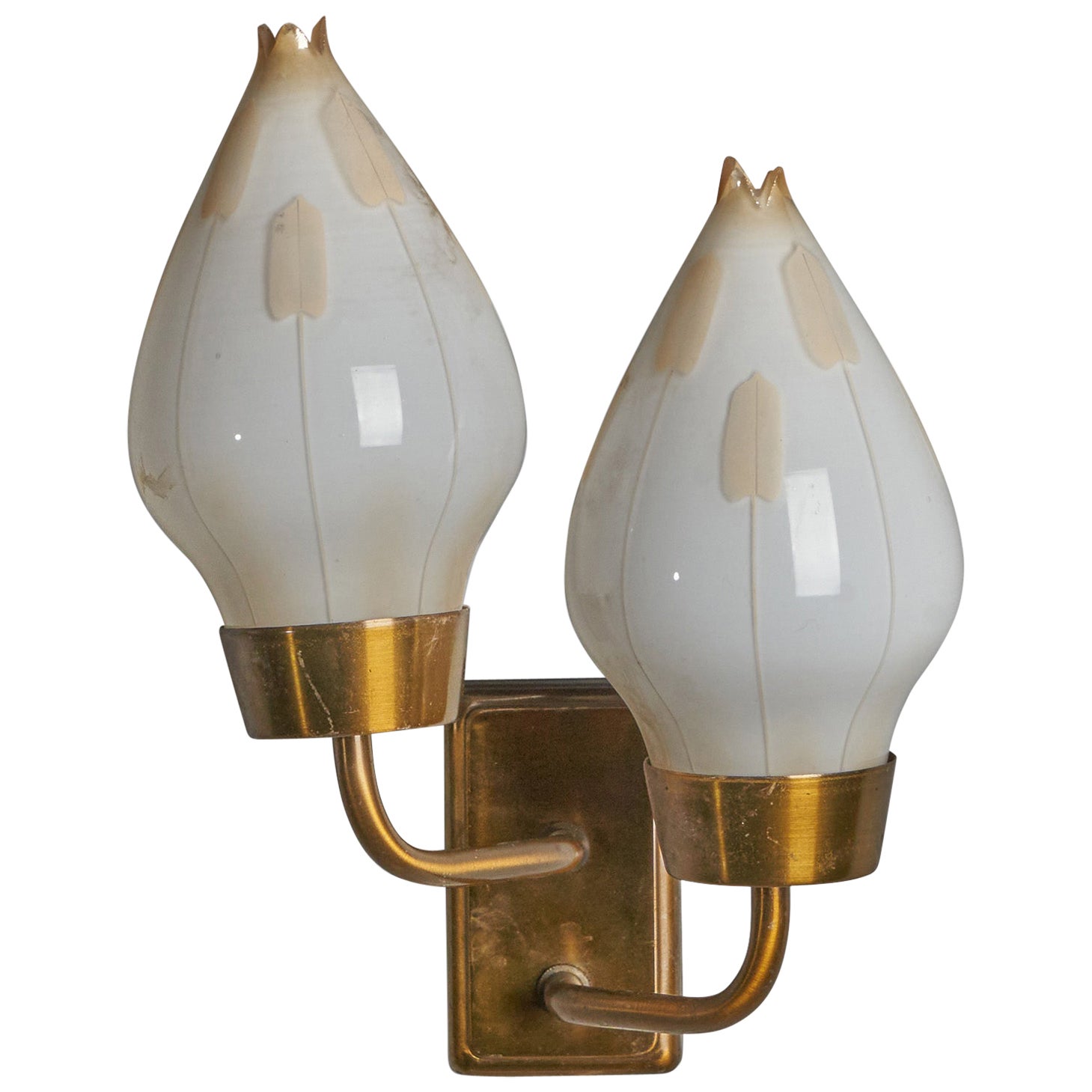 Swedish Designer, Wall Light, Brass, Glass, Sweden, 1940s For Sale