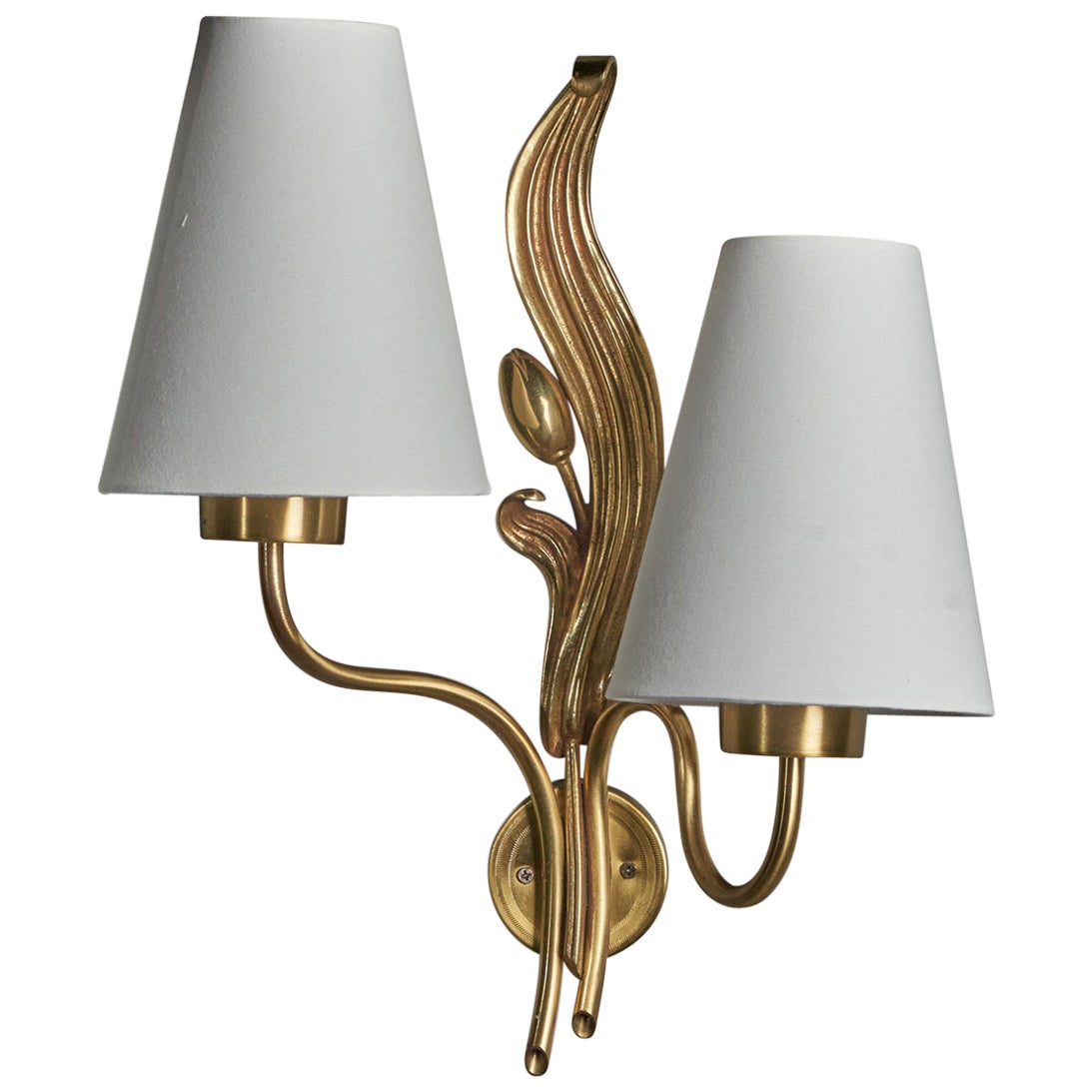 Einar Bäckström, Organic Wall Light, Brass, Fabric, Sweden, 1940s For Sale