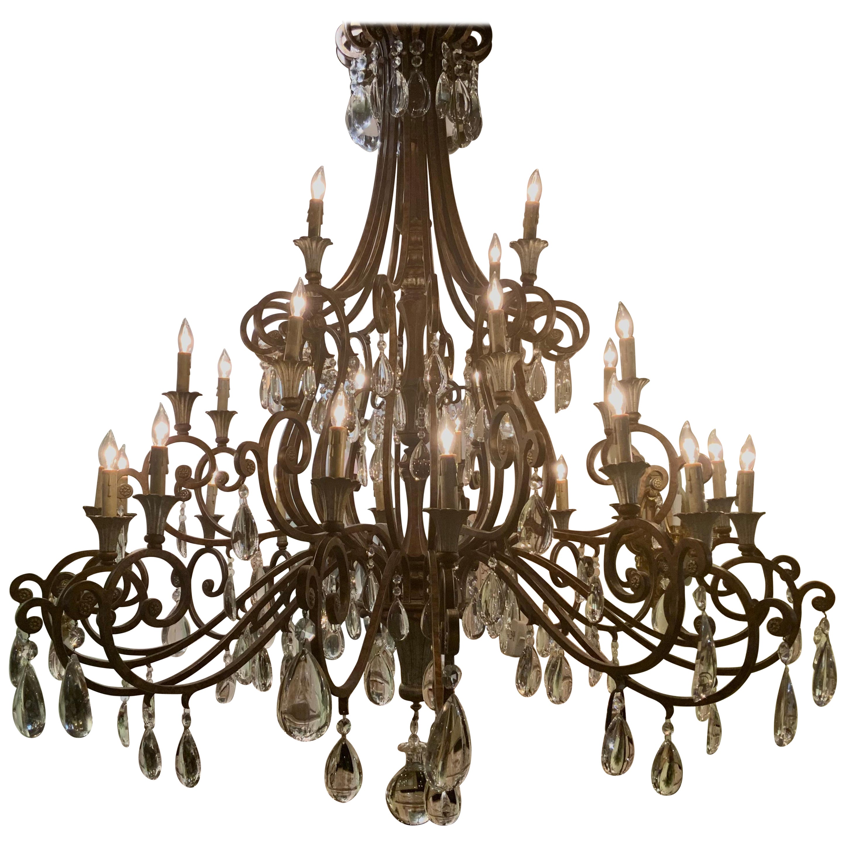 Large iron and crystal 29 light chandelier  For Sale