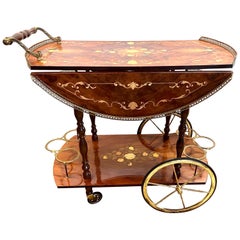 Vintage Italian Marquetry Drop-leaf Olive Wood Tea Barcart Cart