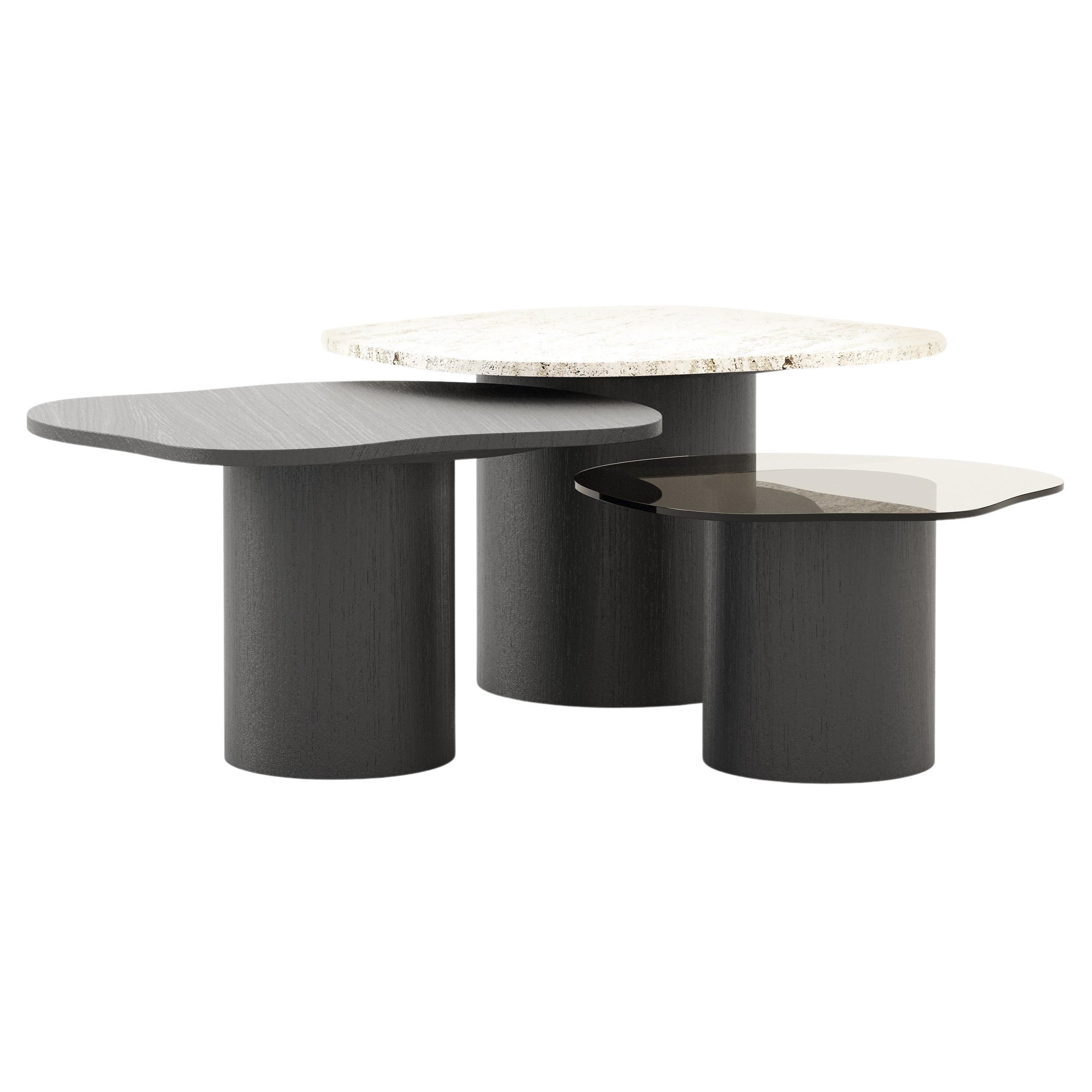 Organic modern set of Natur Side Tables made with Marble, Oak and Glass For Sale