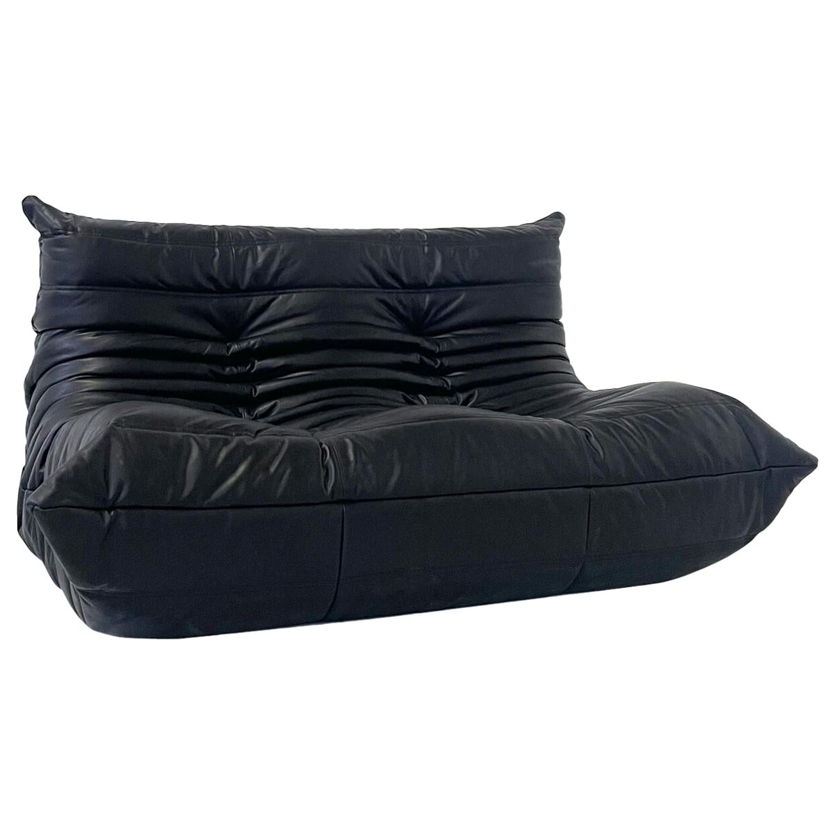Mid-Century Black Leather "Togo" Sofa, Two Seater, Michel Ducaroy, Ligne Roset For Sale