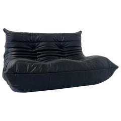 Mid-Century Black Leather "Togo" Sofa, Two Seater, Michel Ducaroy, Ligne Roset