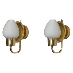 Swedish Designer, Wall Lights, Brass, Glass, Sweden, 1960s