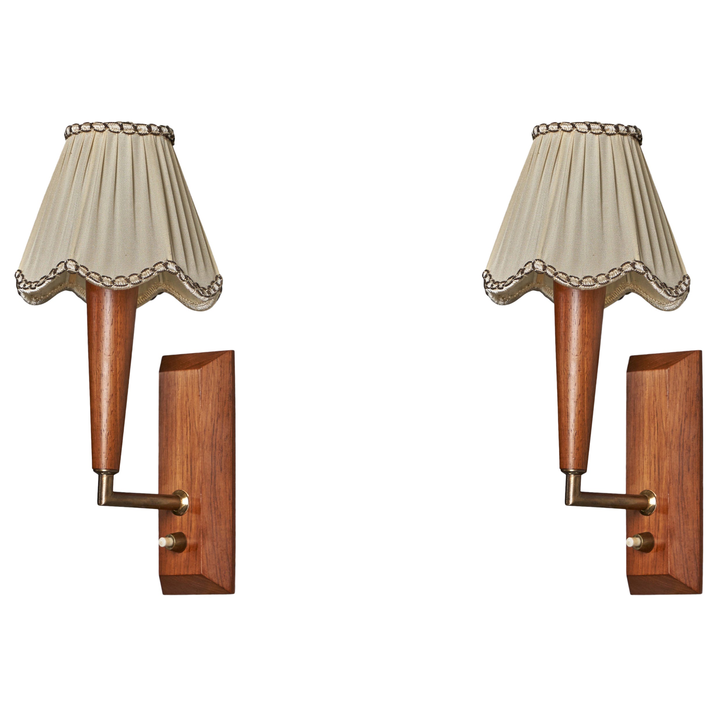 Danish Designer, Wall Lights, Brass, Teak, Fabric, Denmark, 1940s