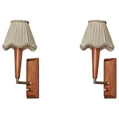 Danish Designer, Wall Lights, Brass, Teak, Fabric, Denmark, 1940s