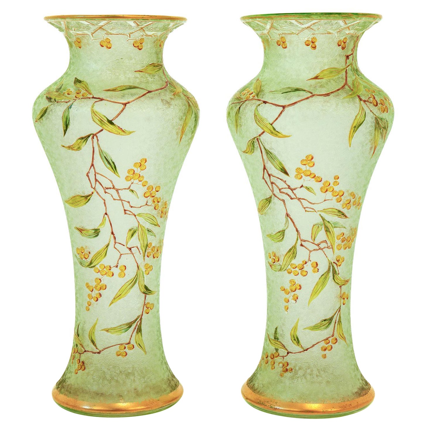 Pair of Antique Baccarat Green Cameo Vases For Sale