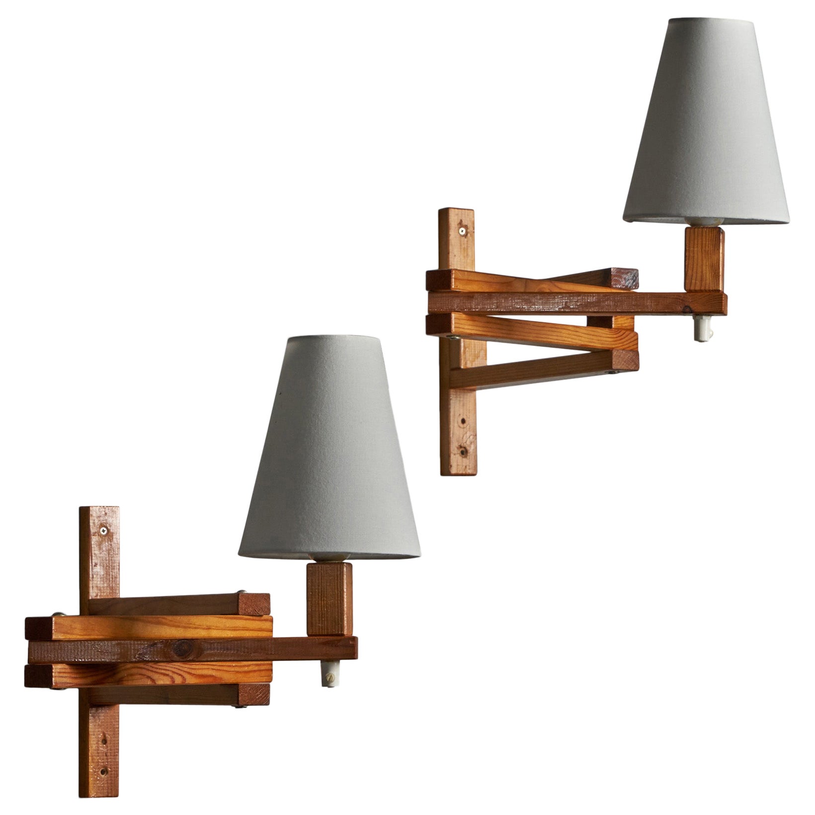 Danish Designer, Wall Lights, Pine, Fabric, Denmark, 1960s For Sale