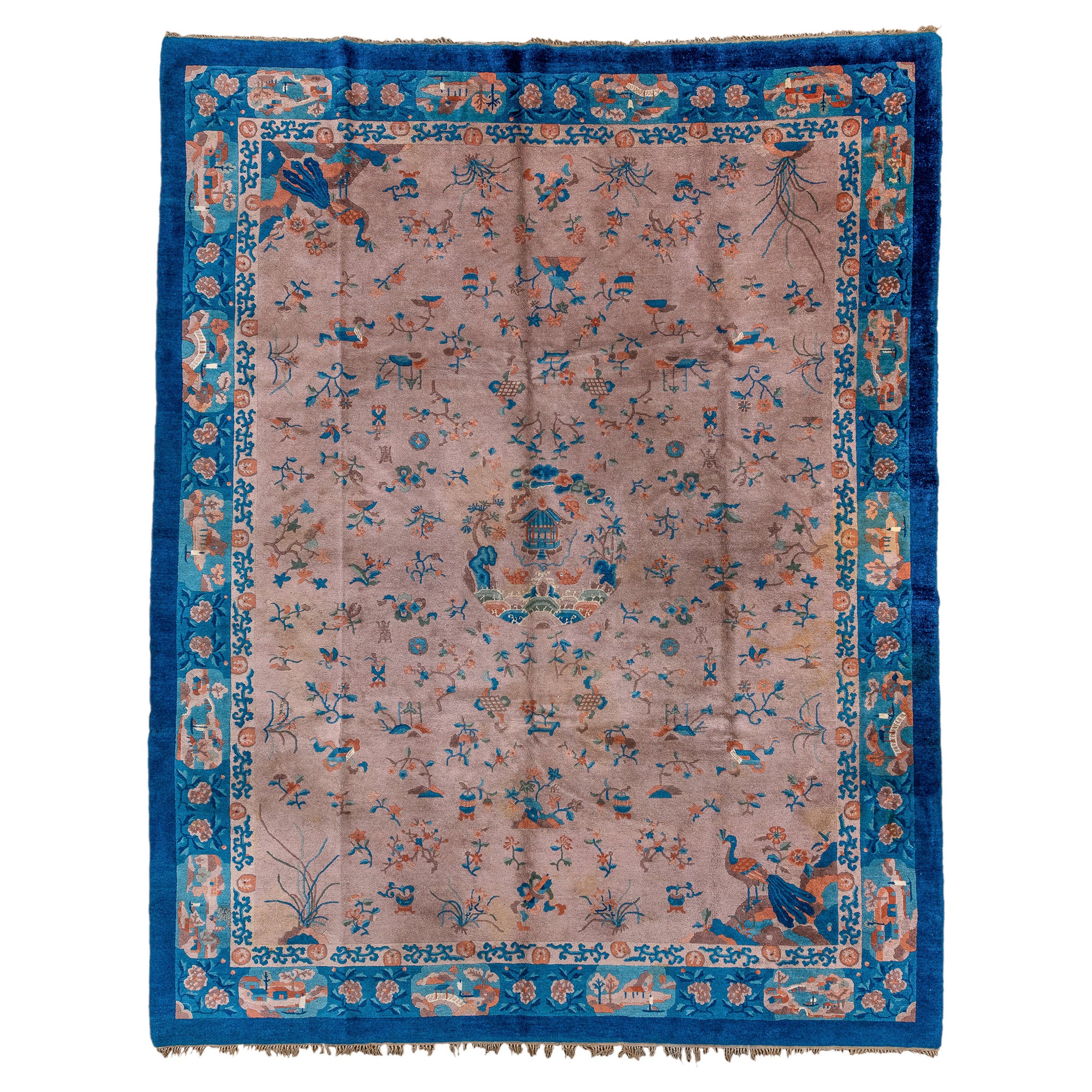 Beautiful Antique Chinese Art Deco Rug with Greige Field and Blue Border