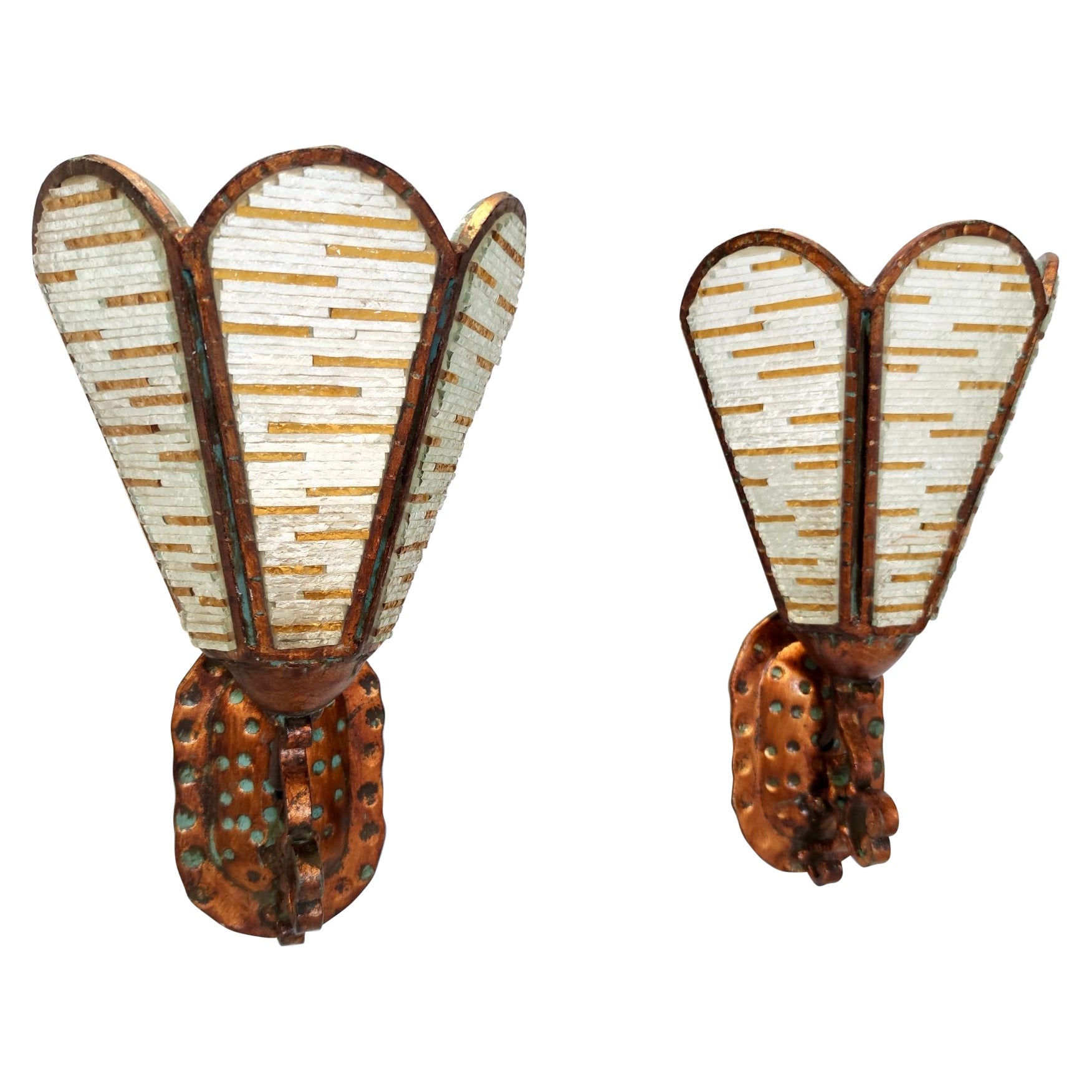 Vintage Pair of Copper and Murano Glass Appliques / Wall Lights, Italy