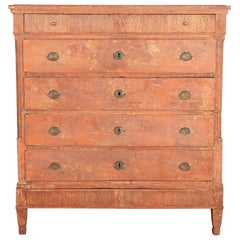 Used Original Red Painted Tall Chest of Five Drawers, Sweden circa 1800