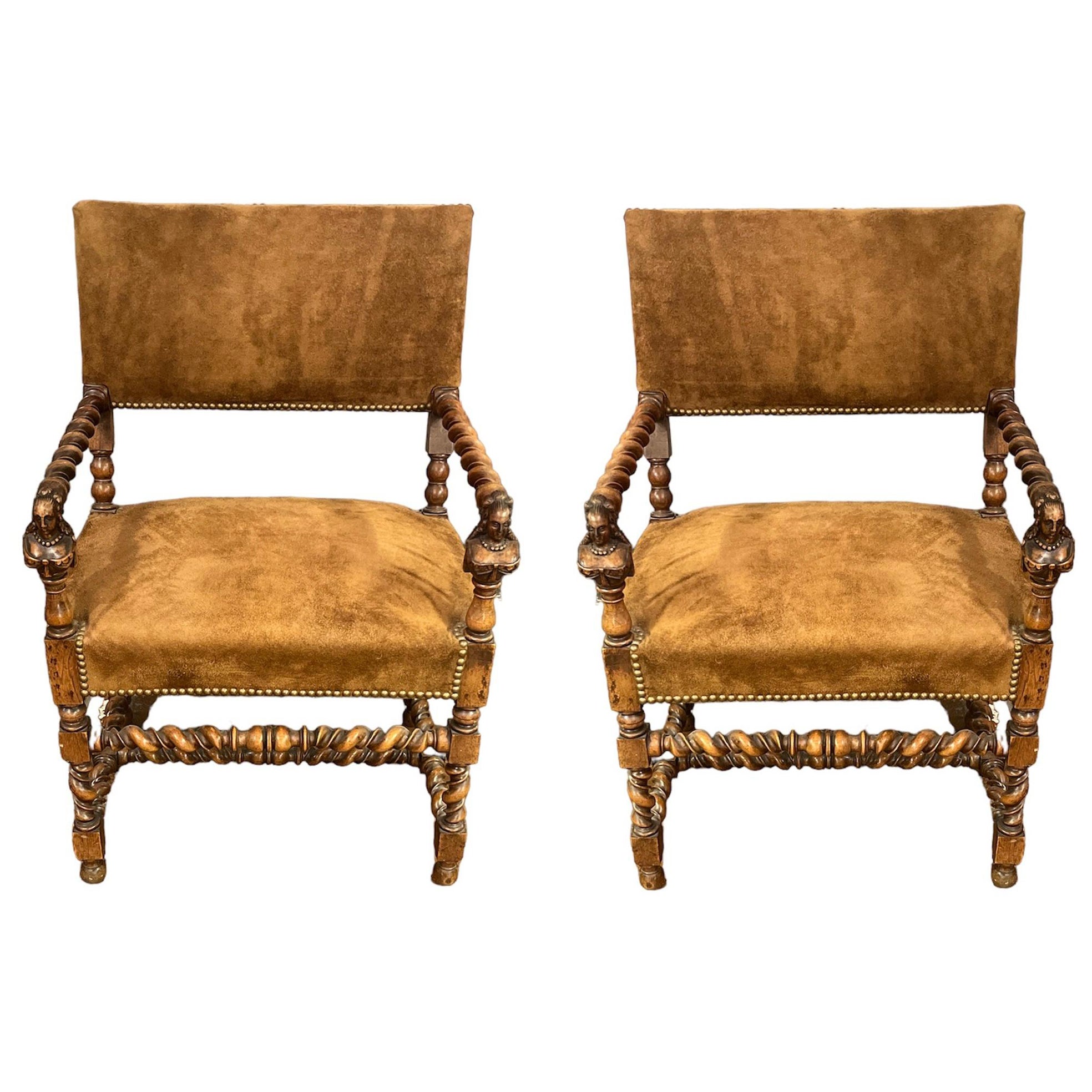 Pair of Early 19thc English Hand Carved Barley Twist And Suede Arm Chairs For Sale