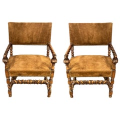 Pair of Early 19thc English Hand Carved Barley Twist And Suede Arm Chairs
