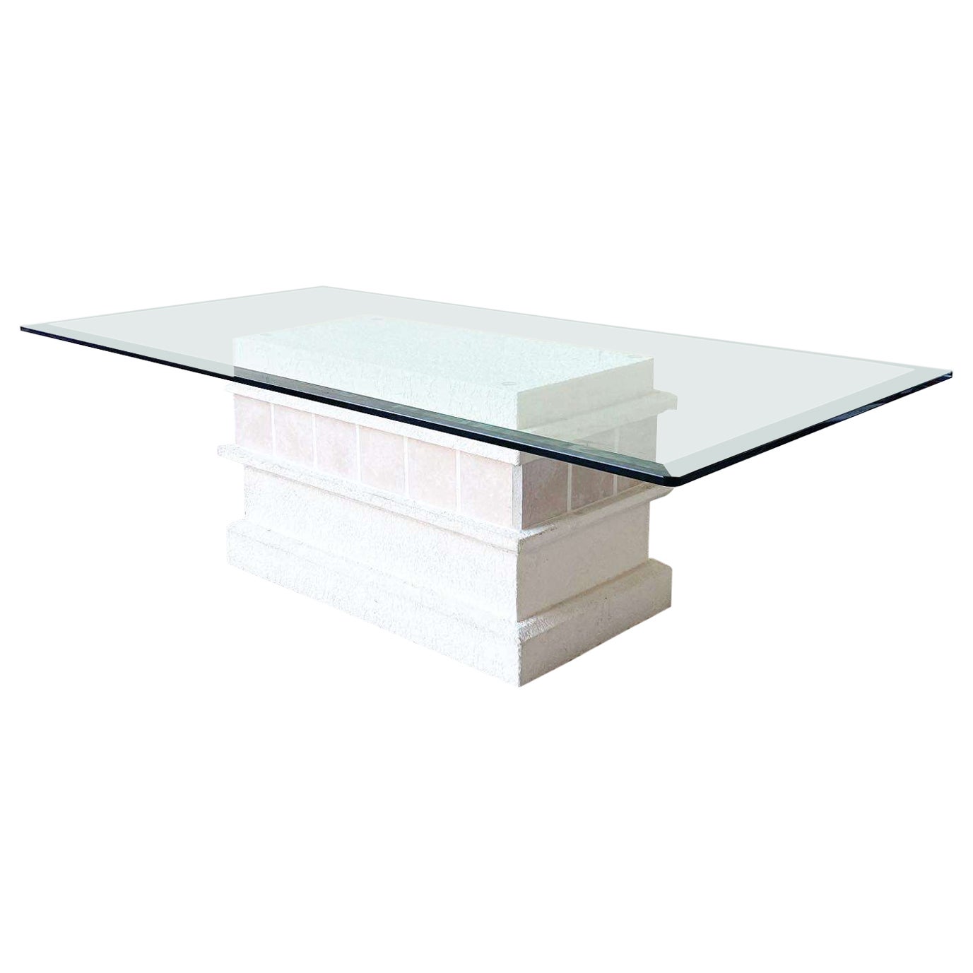 Postmodern Pink Ceramic and Stucco Glass Top Coffee Table