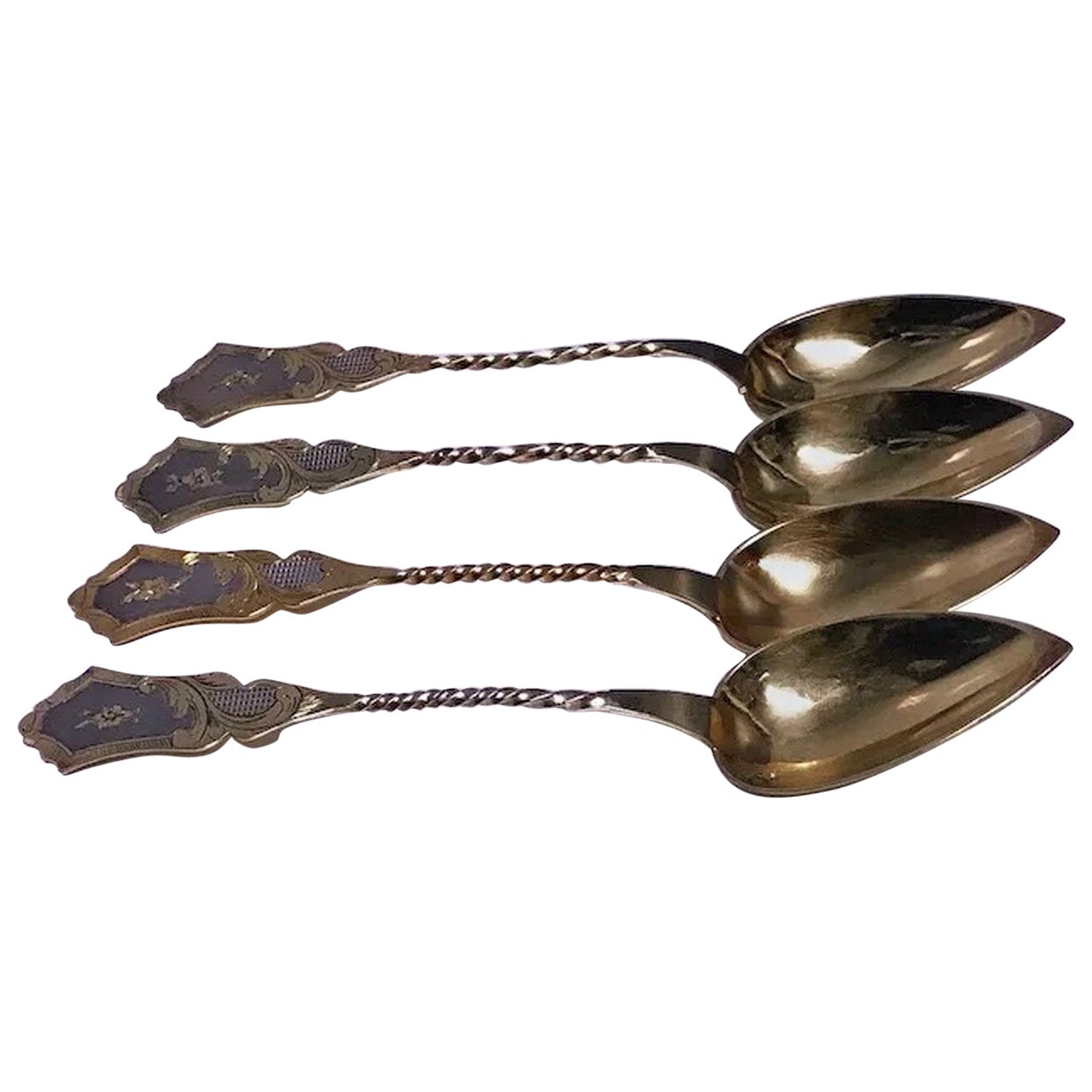 Set of 4 French Silver with vermeil Spoons, Paris C. 1850 by Phillipe Berthier