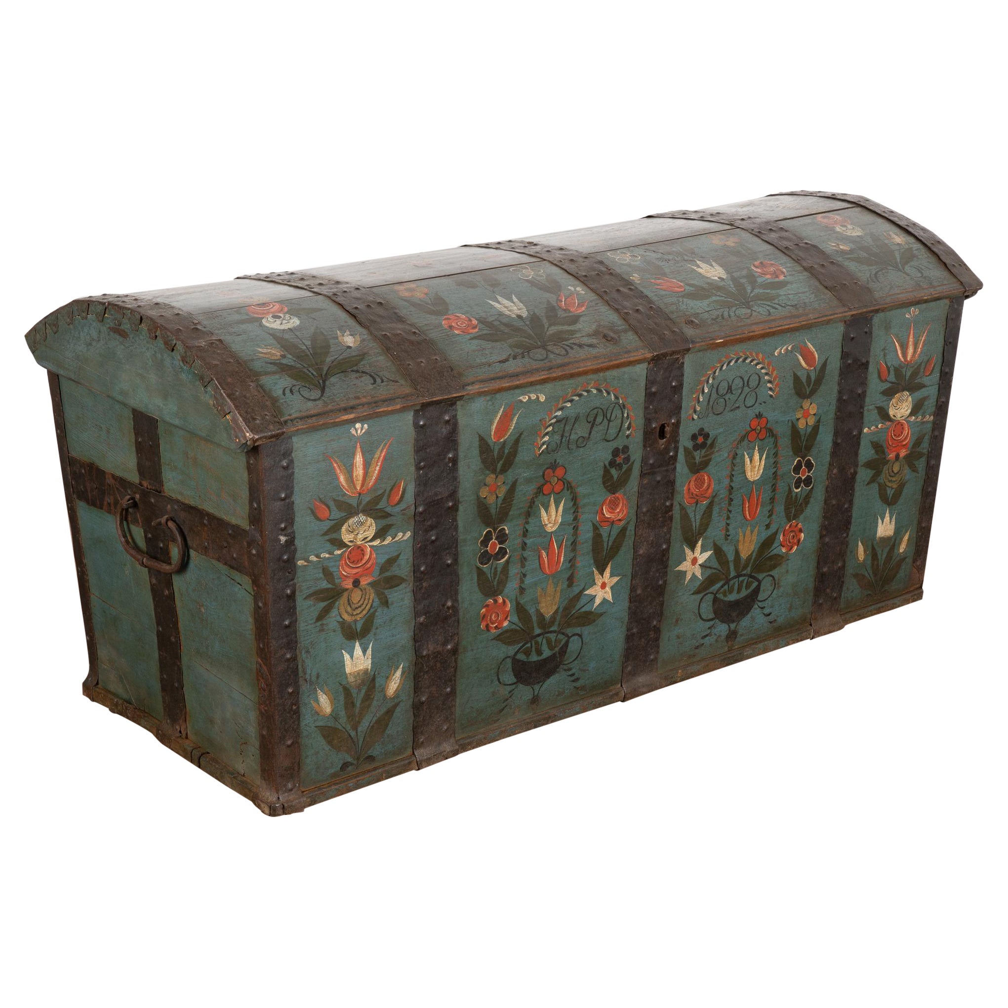 Original Hand Painted Dome Top Blue Trunk With Flowers, Sweden dated 1828 For Sale
