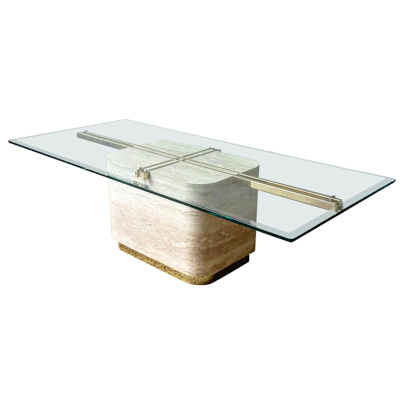 Postmodern Faux Travertine Laminate Glass Top Coffee Table For Sale at 1stDibs