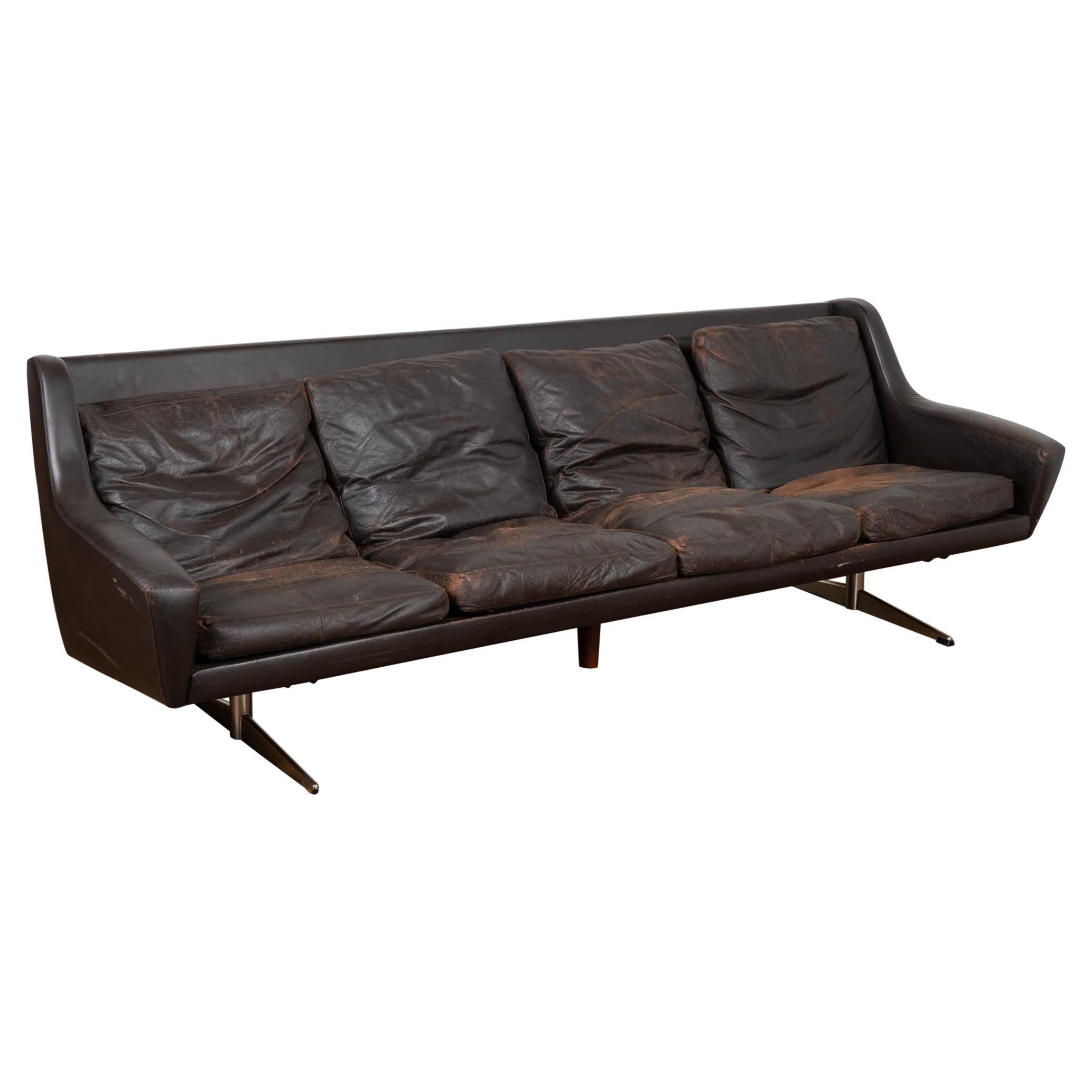 Mid Century Brown Vintage Leather Four Seat Sofa With Chrome Feet, Denmark For Sale