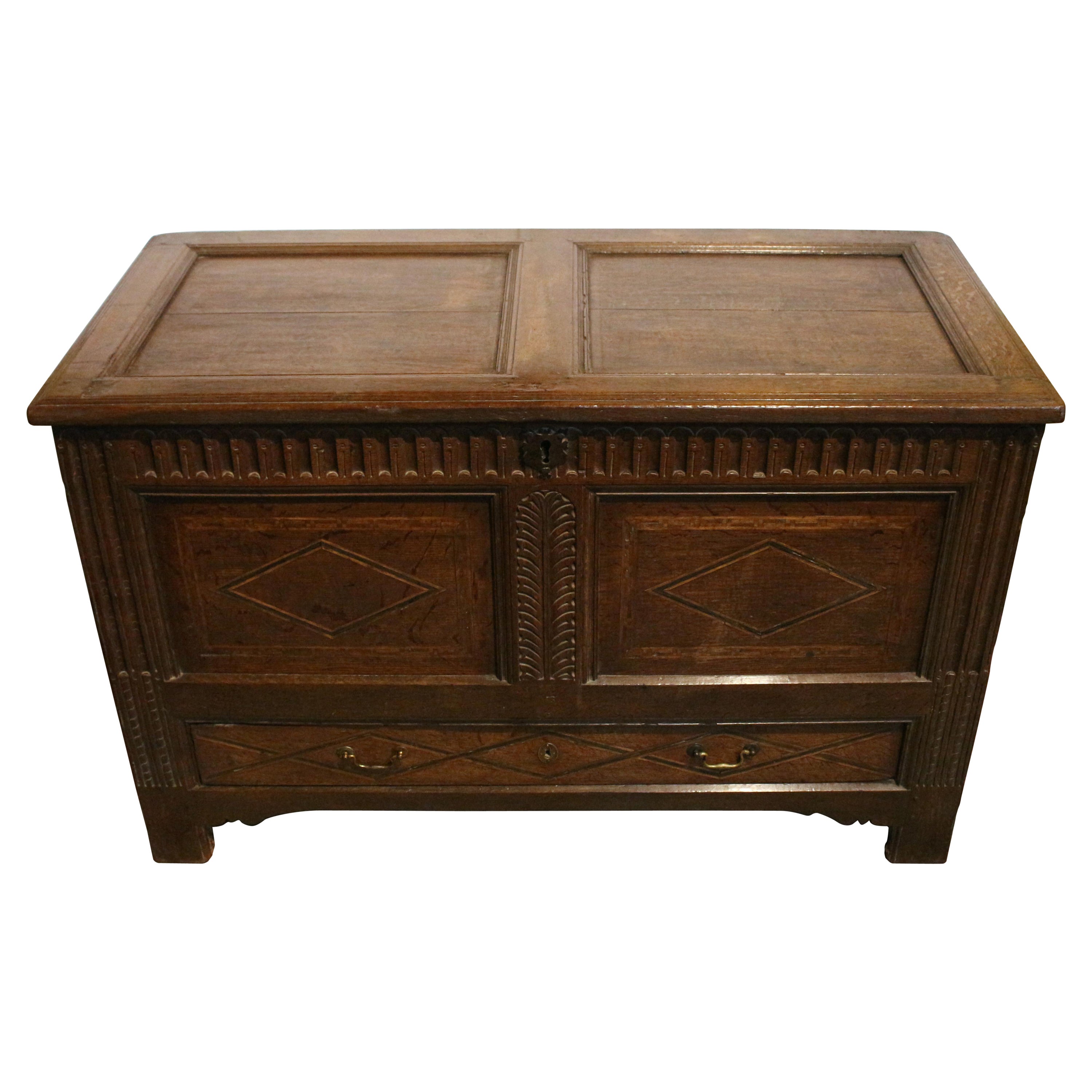 Early 18th Century Inlaid & Carved English Coffer For Sale