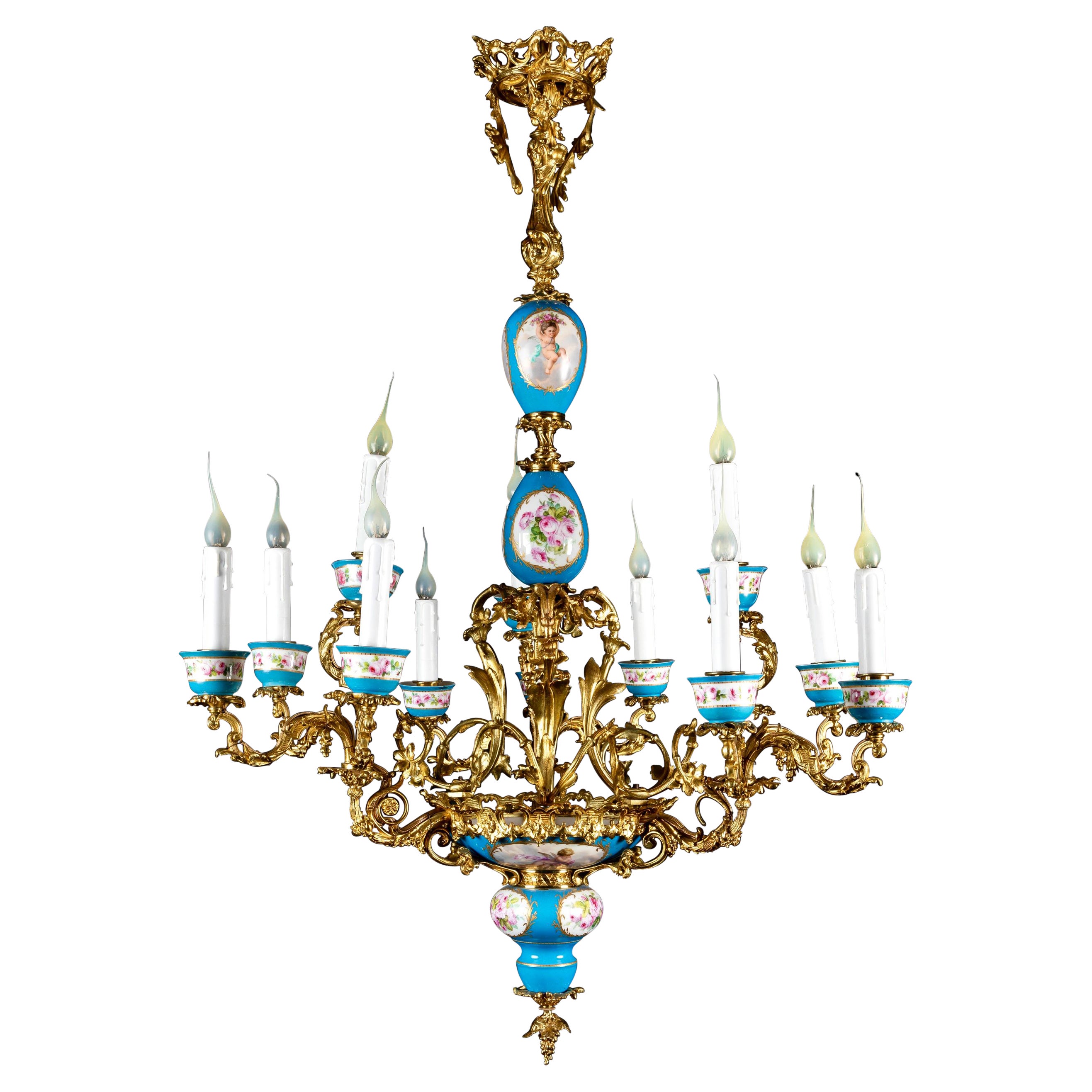 Antique French Louis XVI Style Sevres Porcelain and Gilt Bronze Chandelier For Sale