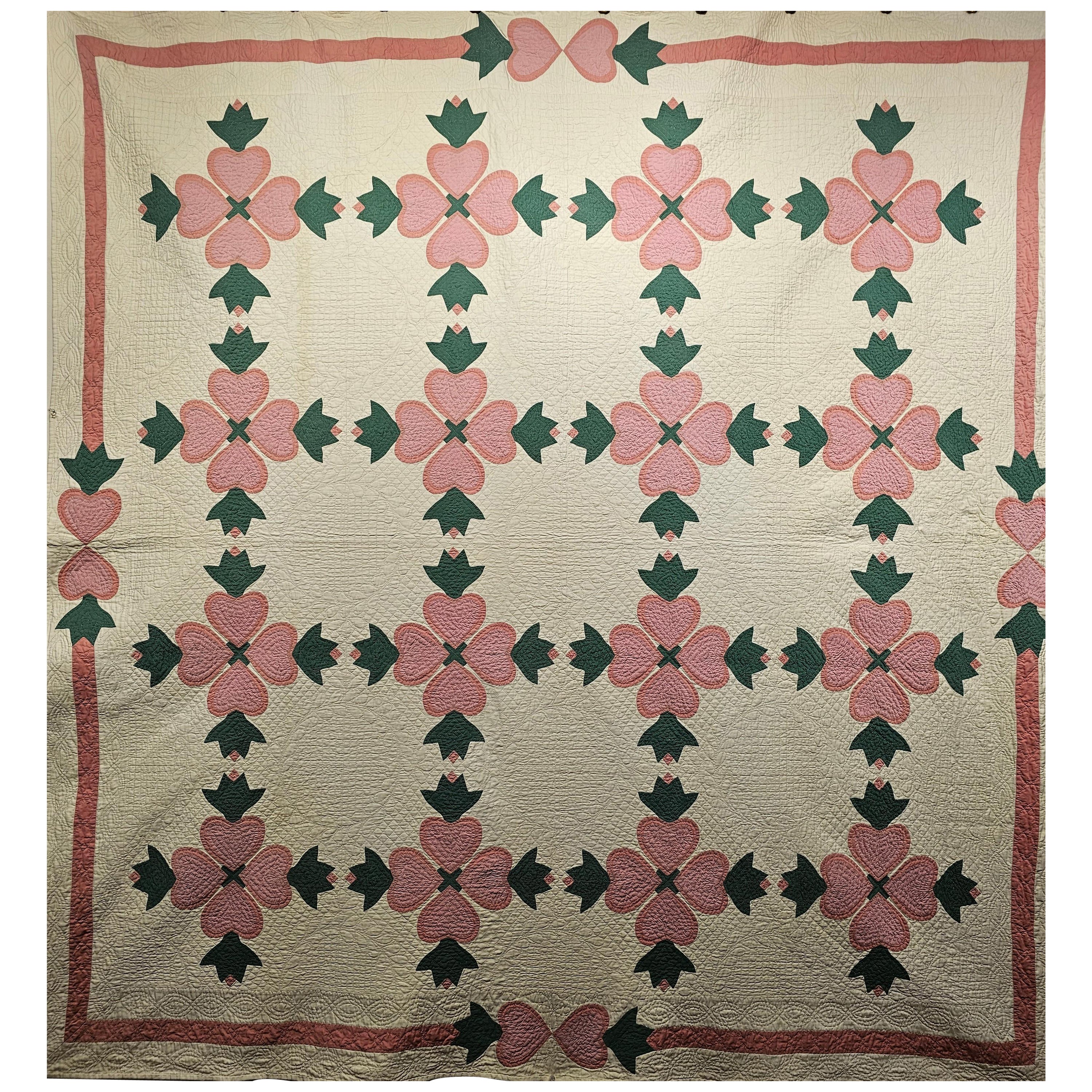 19th Century American Applique Quilt in Hearts and Tulips Pattern in Ivory, Pink For Sale