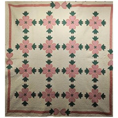 Antique 19th Century American Applique Quilt in Hearts and Tulips Pattern in Ivory, Pink