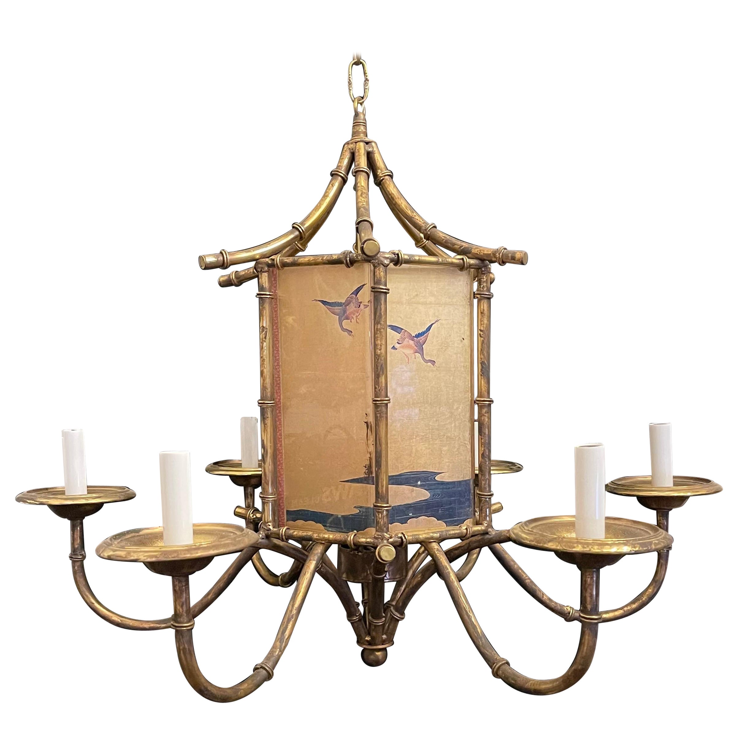 Wonderful Vintage Large Faux Bamboo Pagoda Tole Chinoiserie Gilt Chandelier  For Sale