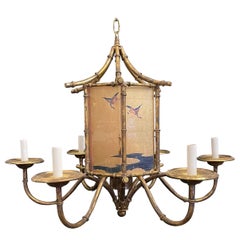 Wonderful Vintage Large Faux Bamboo Pagoda Tole Chinoiserie Gilt Chandelier 