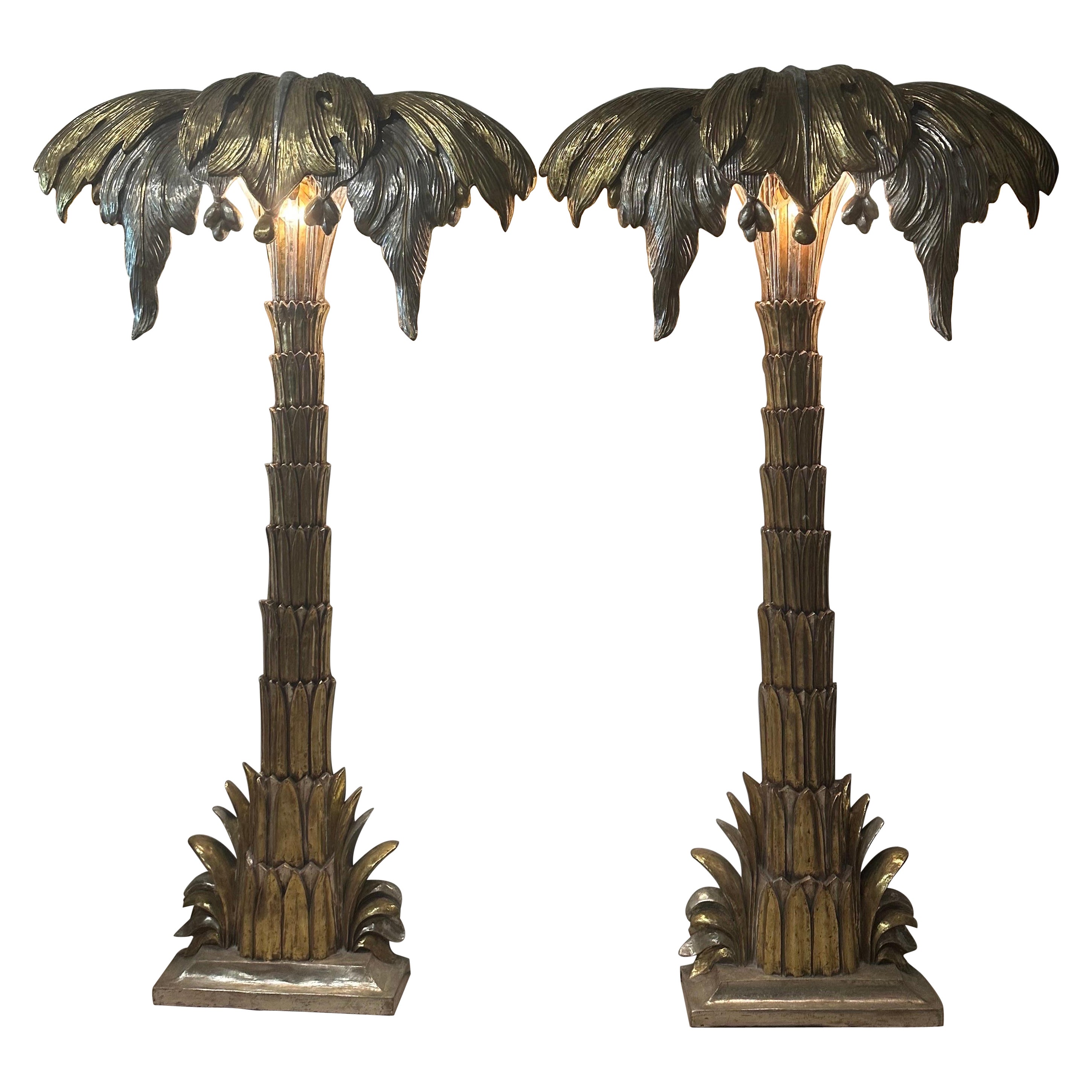  Pair French Maison Jansen Palm Tree Gold Silver Gilt Floor Wall Light Sconces For Sale