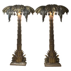  Pair French Maison Jansen Palm Tree Gold Silver Gilt Floor Wall Light Sconces