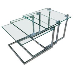 Set of Three Glass & Chromed Steel Nesting Tables By Design Institute America