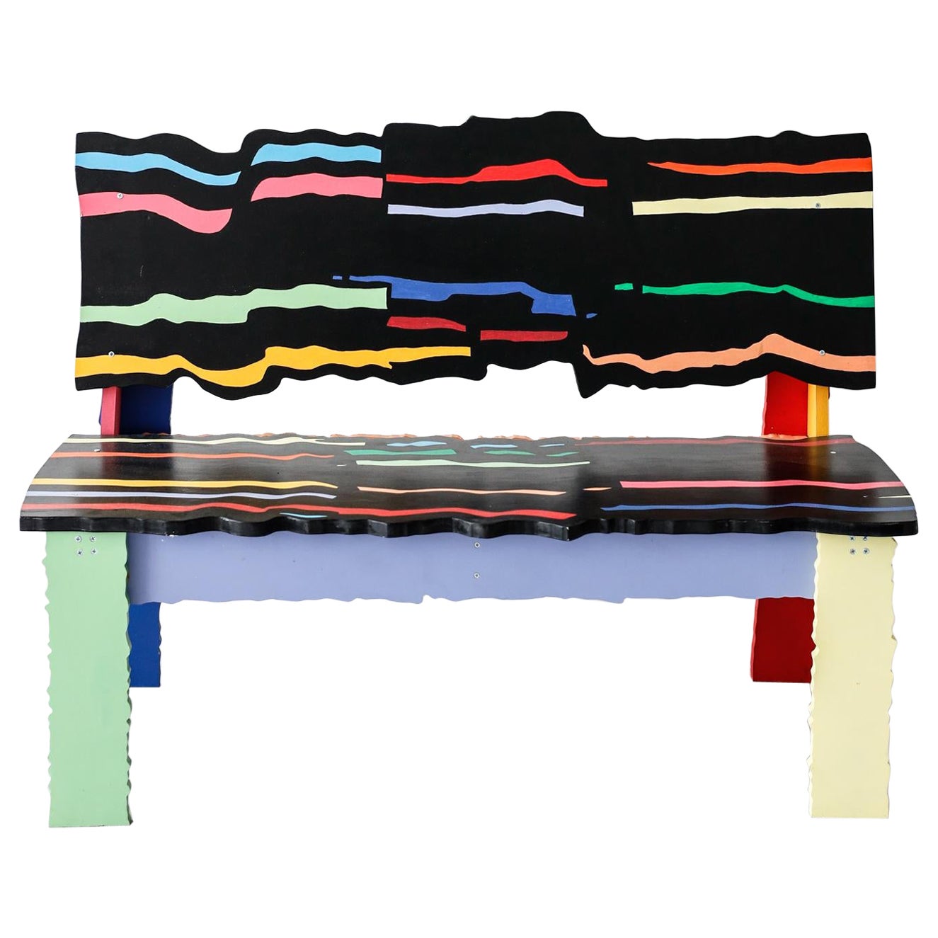 Handcrafted abstract sculptural bench in artist-painted wood For Sale