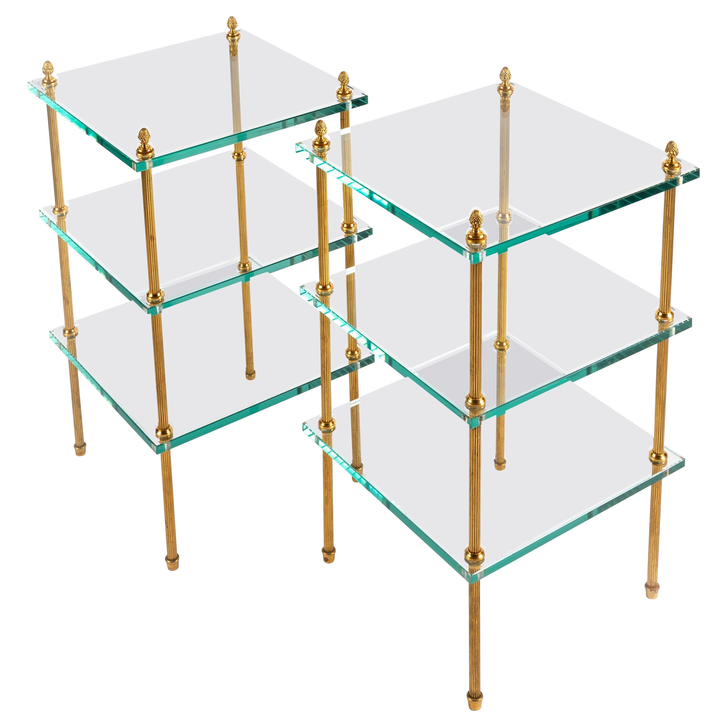 Pair of Jansen Style Gilt Bronze and Glass Triple Tier Side Tables For Sale
