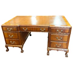Antique Fine Old English Burr Walnut Chippendale Style Leather Top Pedestal Desk