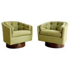 Pair of Mid Century Tufted Back Swivel Lounge Chairs - New Green Upholstery