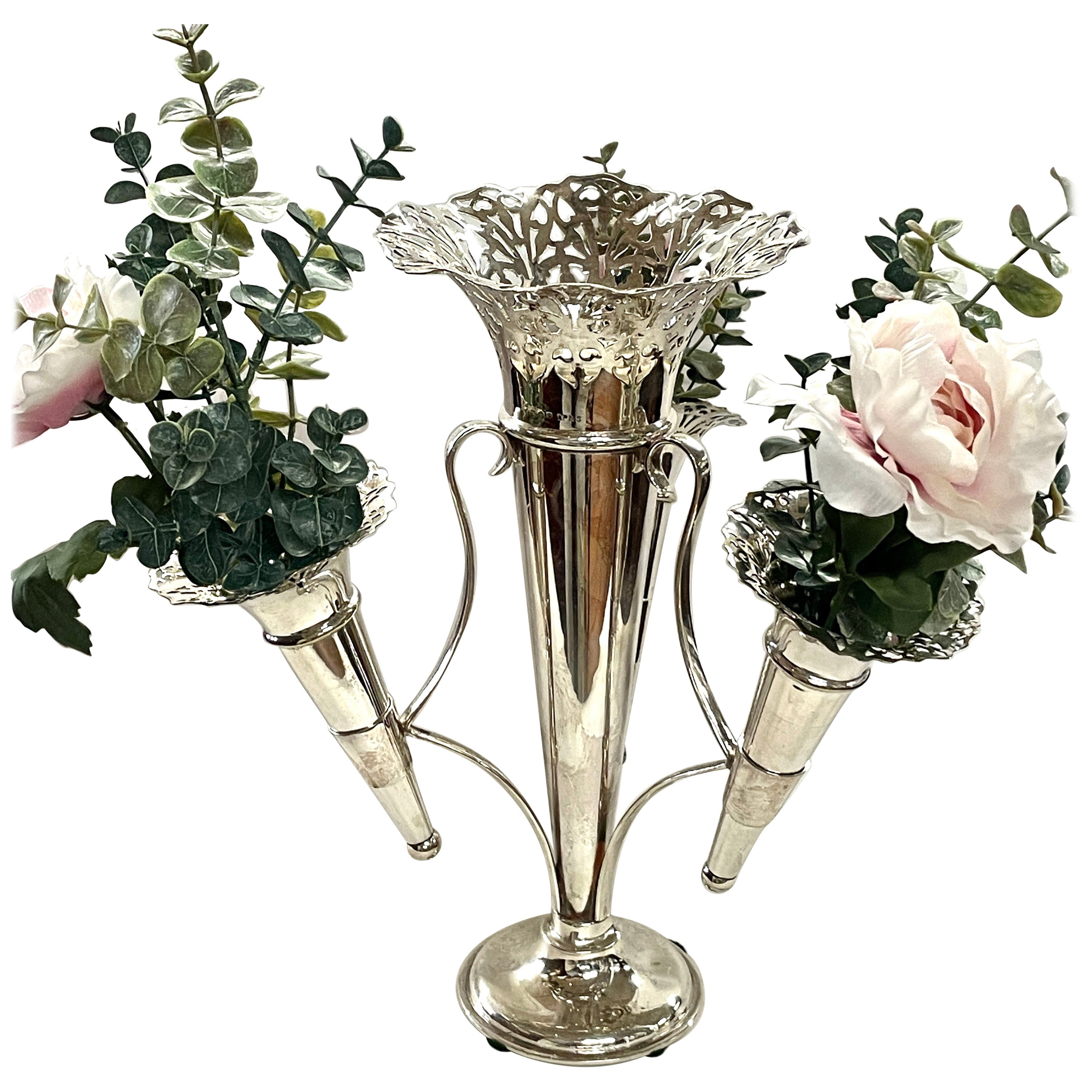 Fine Antique English Silver Plate Large Size 4-Tube Pierced Edge Floral Epergne For Sale